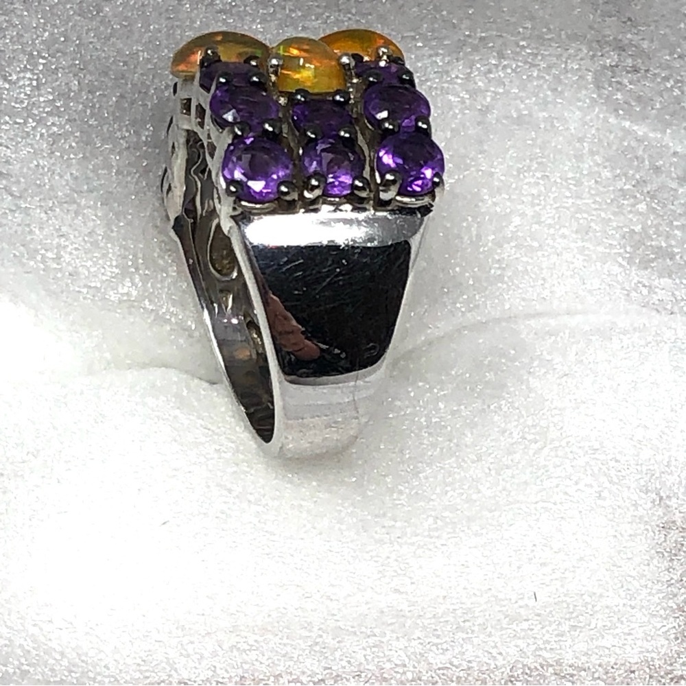 Ethiopian Opal & Rhodolite Ring Rhodium Over Sterling Silver Band Size 5.75 - Picture 11 of 16